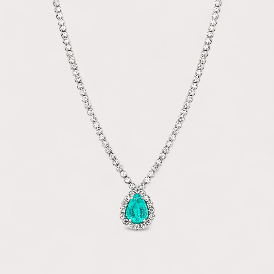 Colar Riviera em ouro branco 18k com 11,08ct em 114 diamantes e 10,27ct em 1 turmalina paraíba