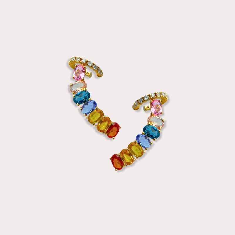 Brinco Ear Cuff em Ouro Amarelo com Safiras Coloridas e Diamantes - Coleção Fluir