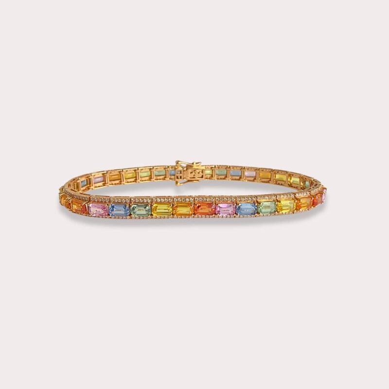 Pulseira em Ouro Amarelo com Safiras Coloridas e Diamantes - Coleção Fluir